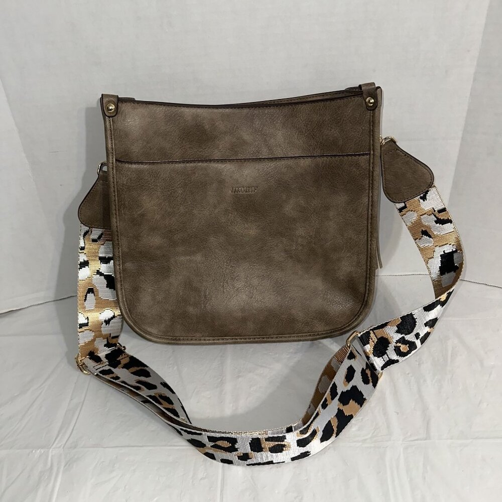 HKCLUF Brown Faux Leather Crossbody Bag W/ Leopard Print Strap